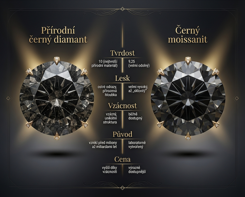 rozdíl mezi černým přírodním diamantem a černým moissanitem